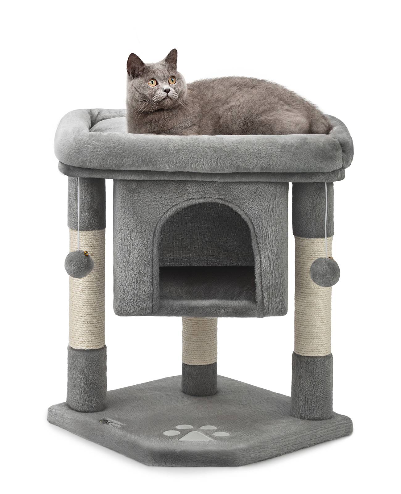 lionto Kratzbaum für Katzen 60 cm, mit Kuschelhöhle, Plüschbällen & robusten Sisalstämmen, platzsparend & modern, dunkelgrau