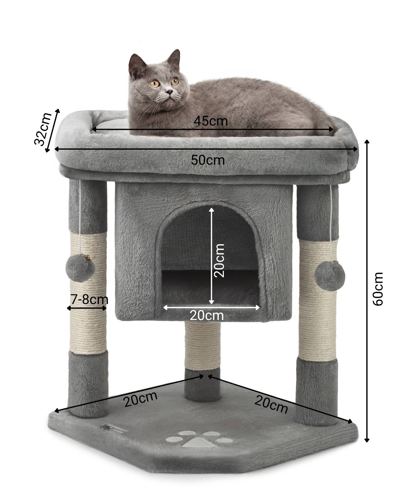 lionto Kratzbaum für Katzen 60 cm, mit Kuschelhöhle, Plüschbällen & robusten Sisalstämmen, platzsparend & modern, dunkelgrau
