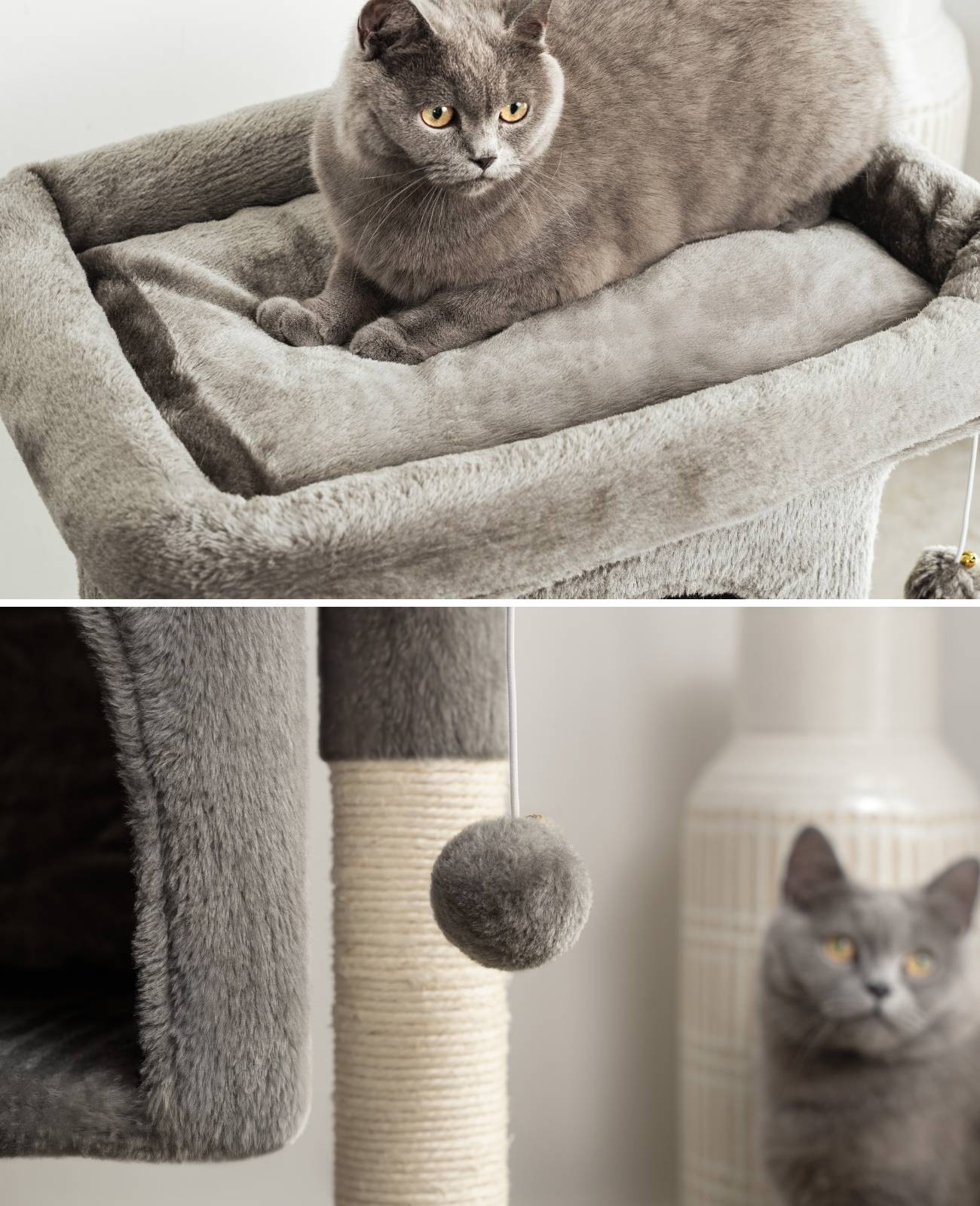 lionto Kratzbaum für Katzen 60 cm, mit Kuschelhöhle, Plüschbällen & robusten Sisalstämmen, platzsparend & modern, dunkelgrau