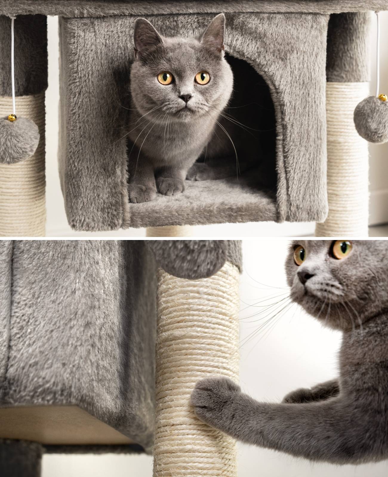 lionto Kratzbaum für Katzen 60 cm, mit Kuschelhöhle, Plüschbällen & robusten Sisalstämmen, platzsparend & modern, dunkelgrau