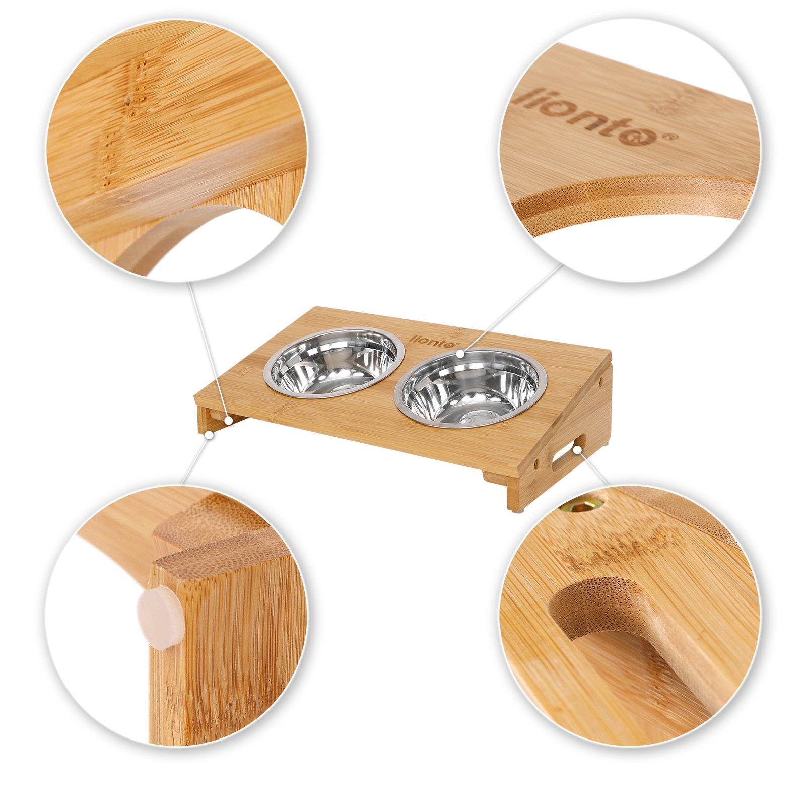 lionto Katzennapfständer aus Bambus, ergonomische Futterstation, 2 Edelstahlnäpfen & Anti-Rutsch-Pads, pflegeleicht (2×0,25 L)