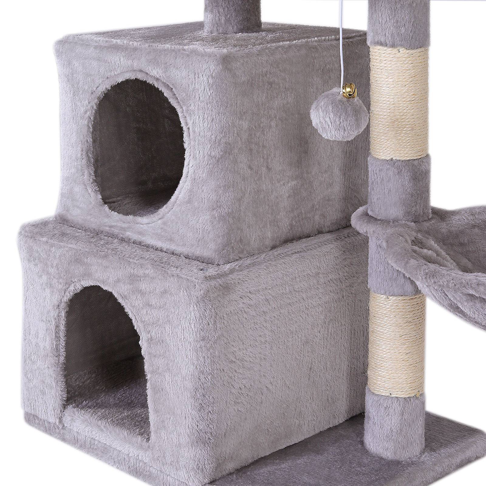 lionto Katzen Kratzbaum, 70 cm mit 2 Höhlen, Liegemulde, Liegebett & Spielball, robust & gemütlich, hellgrau