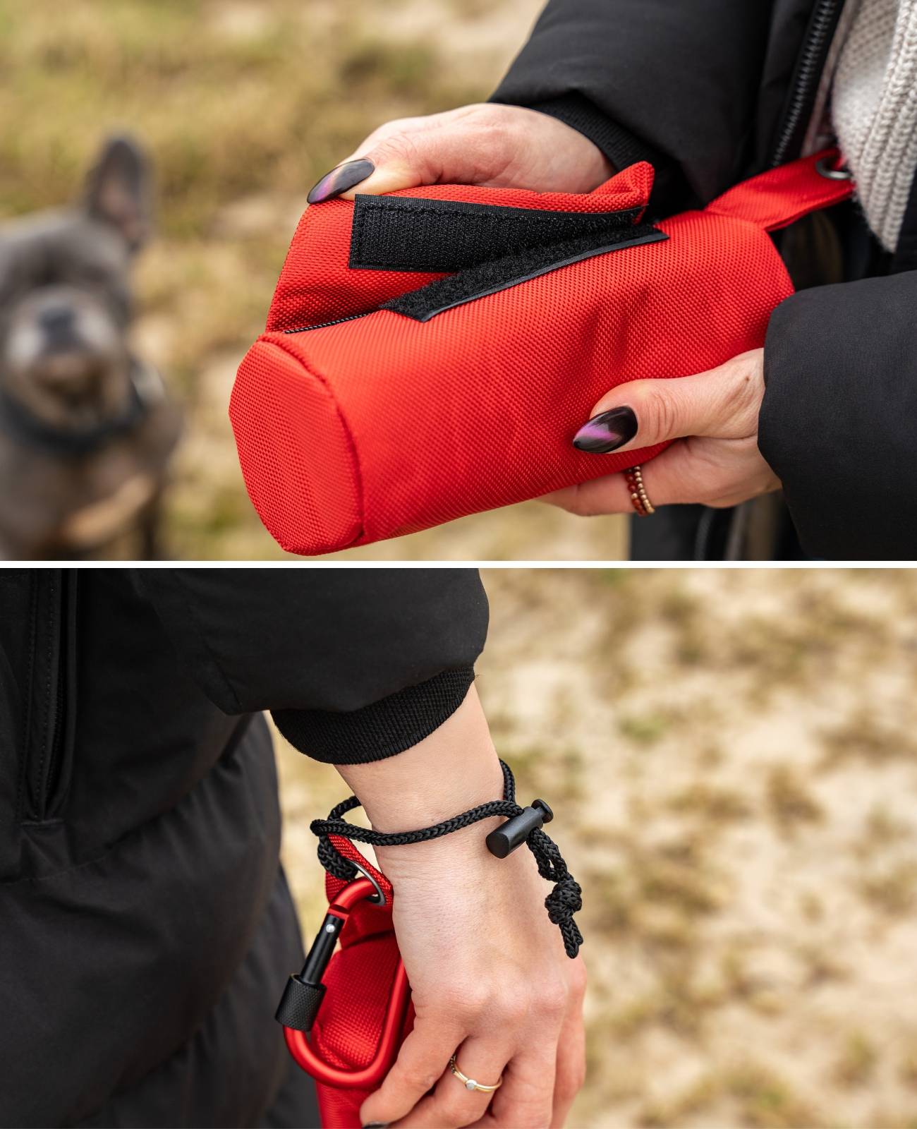 lionto Futterbeutel, Apportier- & Trainingsdummy mit Karabiner, Schaumstoffpolsterung & Wurfhilfe-Kordel, 18x7 cm, rot