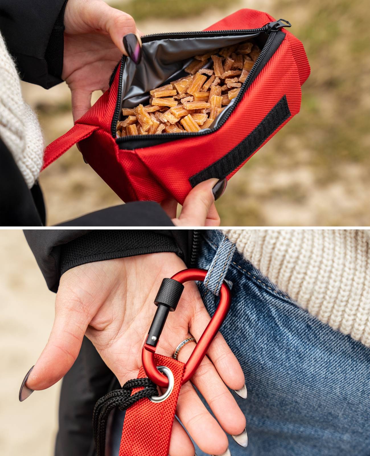 lionto Futterbeutel, Apportier- & Trainingsdummy mit Karabiner, Schaumstoffpolsterung & Wurfhilfe-Kordel, 18x7 cm, rot