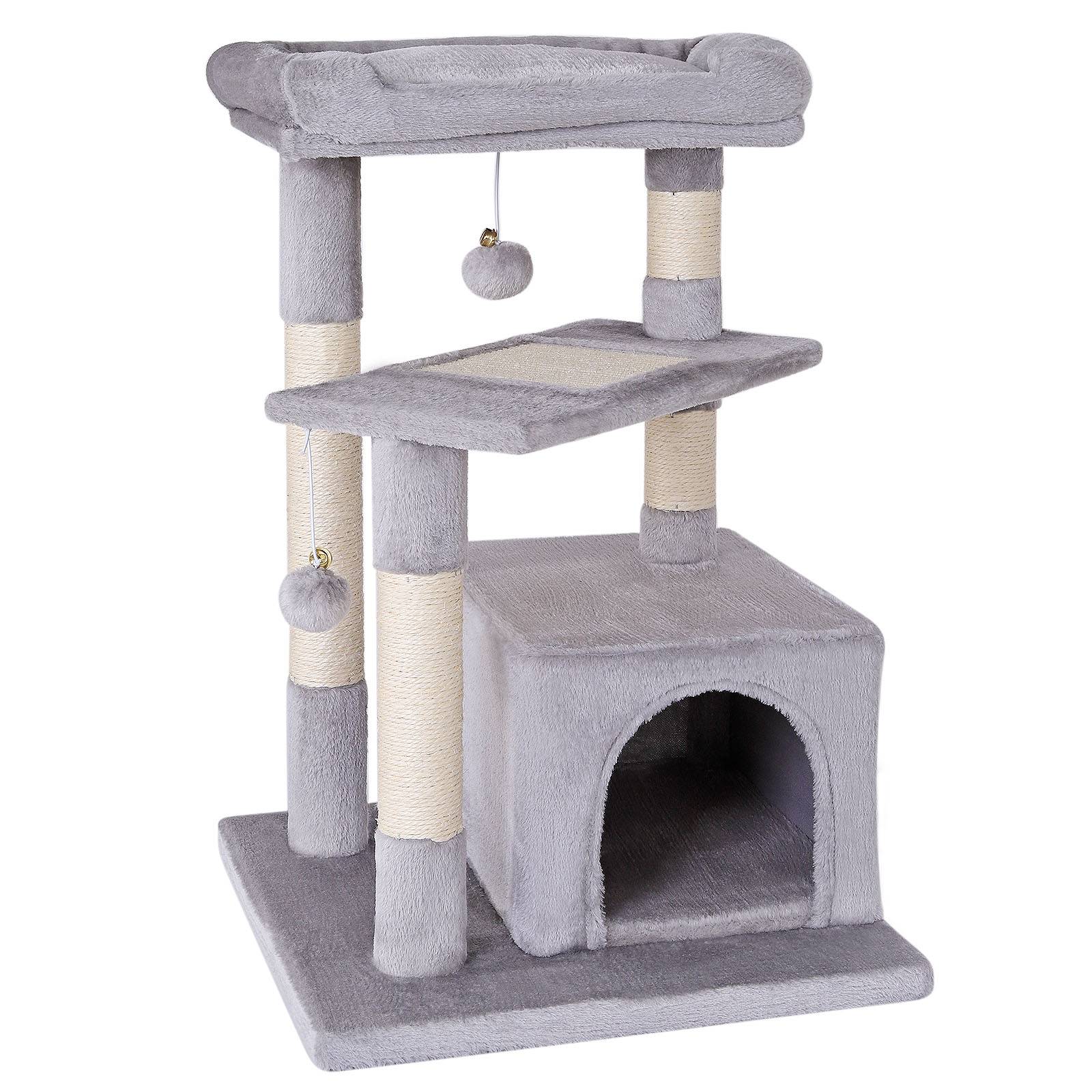 lionto Katzenkratzbaum 75 cm mit Höhle, Liegebett & Sisalfläche, kompakt & stabil, ideal für Spiel, Ruhe & Krallenpflege, hellgrau