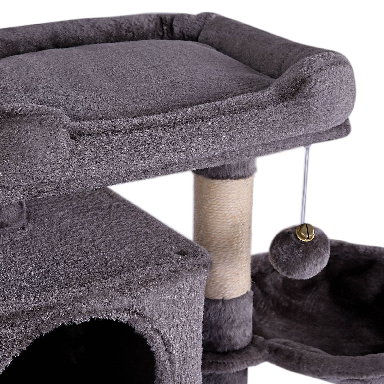 lionto Katzen Kratzbaum, 70 cm mit 2 Höhlen, Liegemulde, Liegebett & Spielball, robust & gemütlich, dunkelgrau