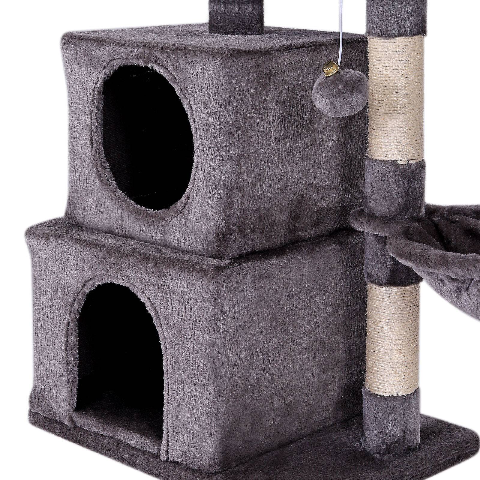 lionto Katzen Kratzbaum, 70 cm mit 2 Höhlen, Liegemulde, Liegebett & Spielball, robust & gemütlich, dunkelgrau