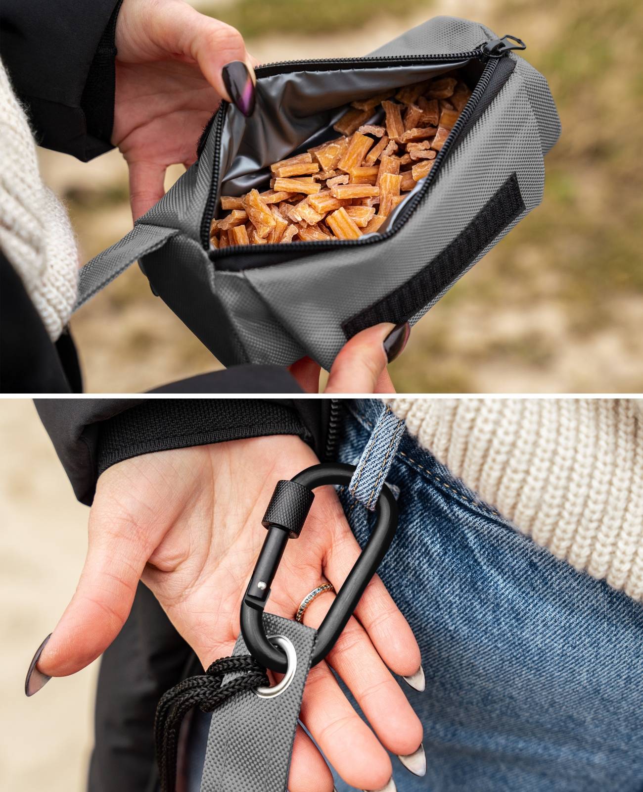 lionto Futterbeutel, Apportier- & Trainingsdummy mit Karabiner, Schaumstoffpolsterung & Wurfhilfe-Kordel, 18x7 cm, grau