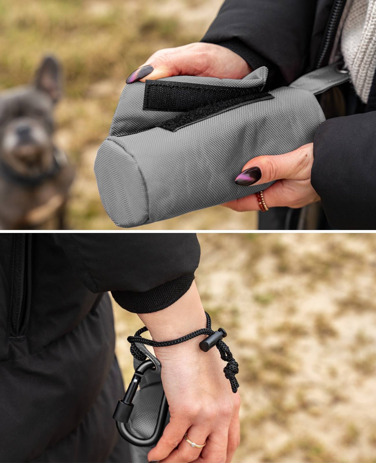 lionto Futterbeutel, Apportier- & Trainingsdummy mit Karabiner, Schaumstoffpolsterung & Wurfhilfe-Kordel, 18x7 cm, grau