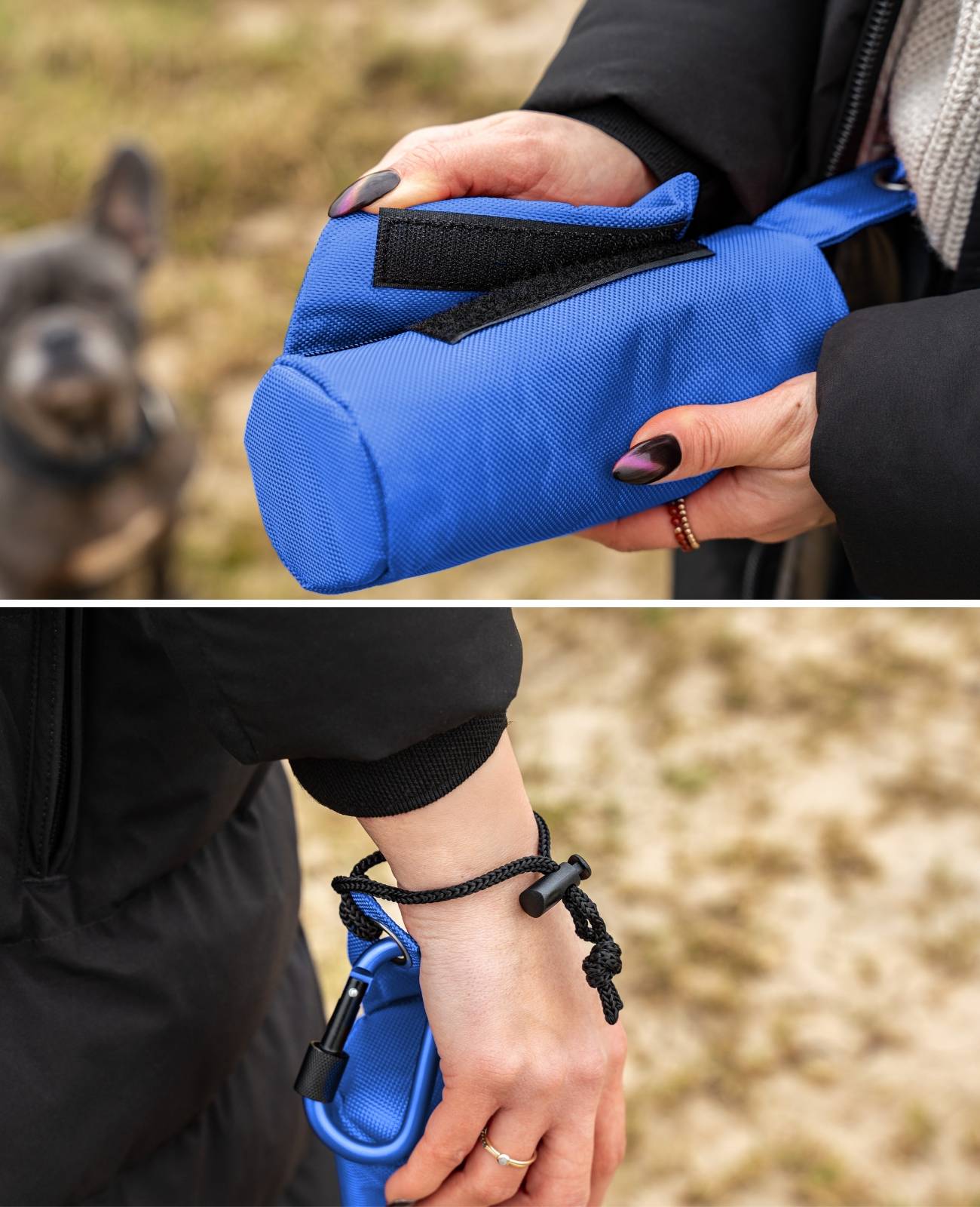 lionto Futterbeutel, Apportier- & Trainingsdummy mit Karabiner, Schaumstoffpolsterung & Wurfhilfe-Kordel, 18x7 cm, blau