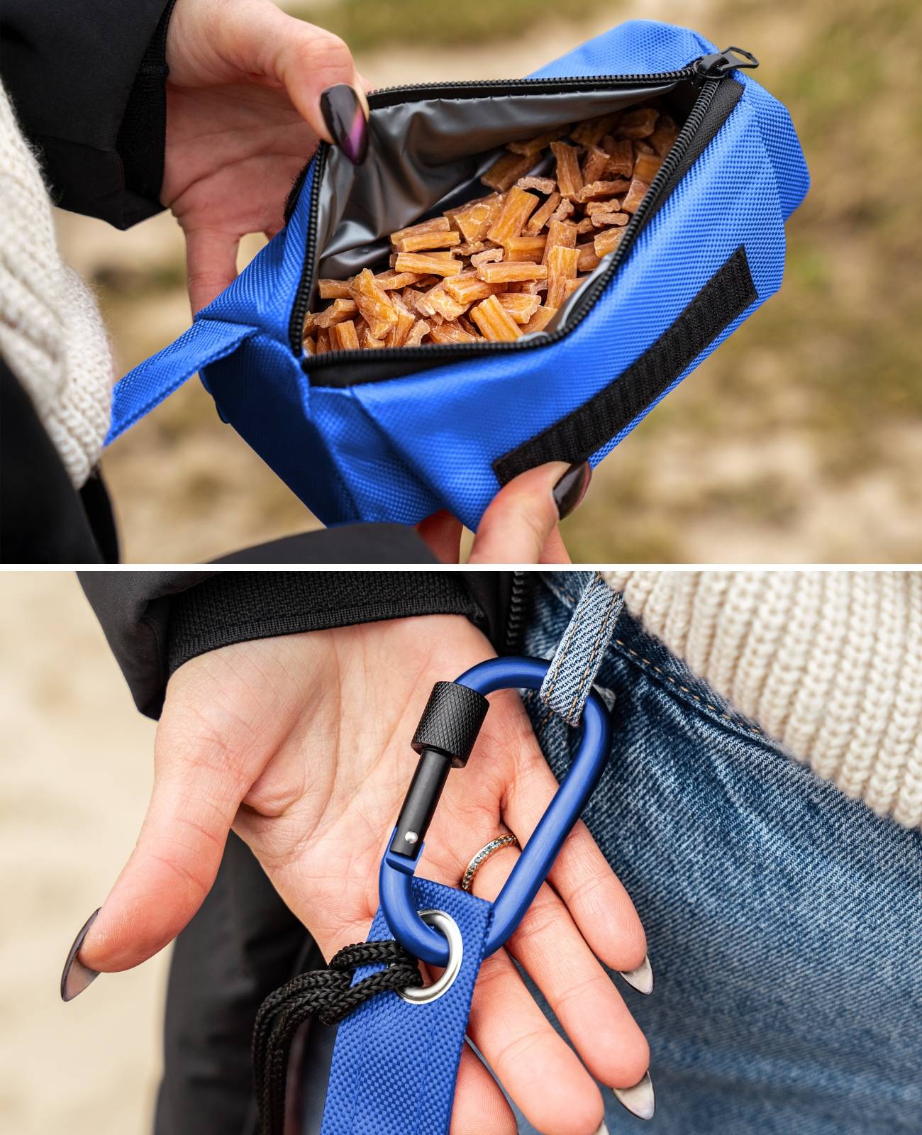 lionto Futterbeutel, Apportier- & Trainingsdummy mit Karabiner, Schaumstoffpolsterung & Wurfhilfe-Kordel, 18x7 cm, blau