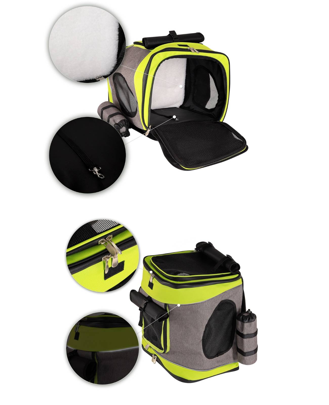 lionto Haustier-Rucksack, atmungsaktiver Hunderucksack mit Karabiner, Regenschutz & herausnehmbarer Unterlage, grau/grün