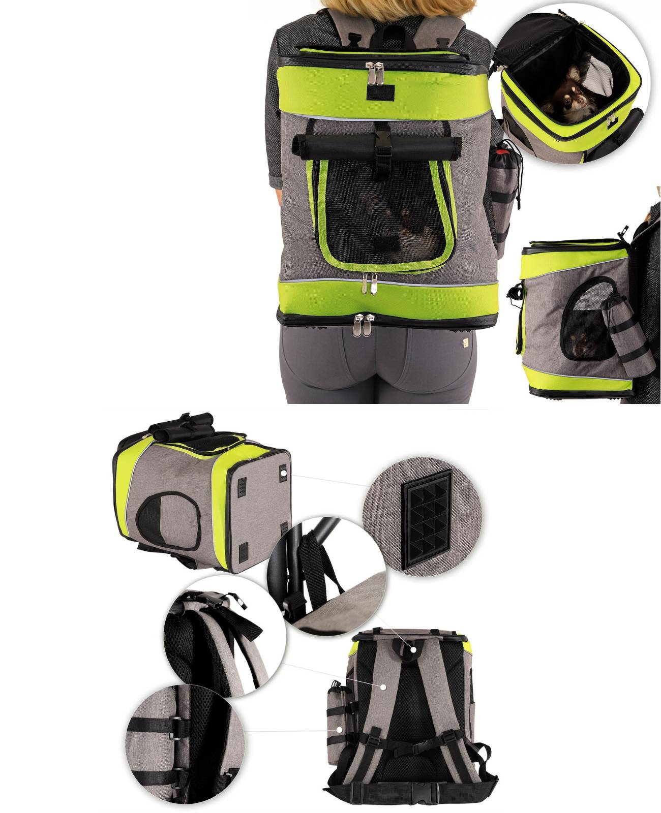 lionto Katzen-Rucksack, komfortabler & wetterfester Haustierrucksack mit Belüftung, Karabinerhaken & Reflektoren, grau/grün