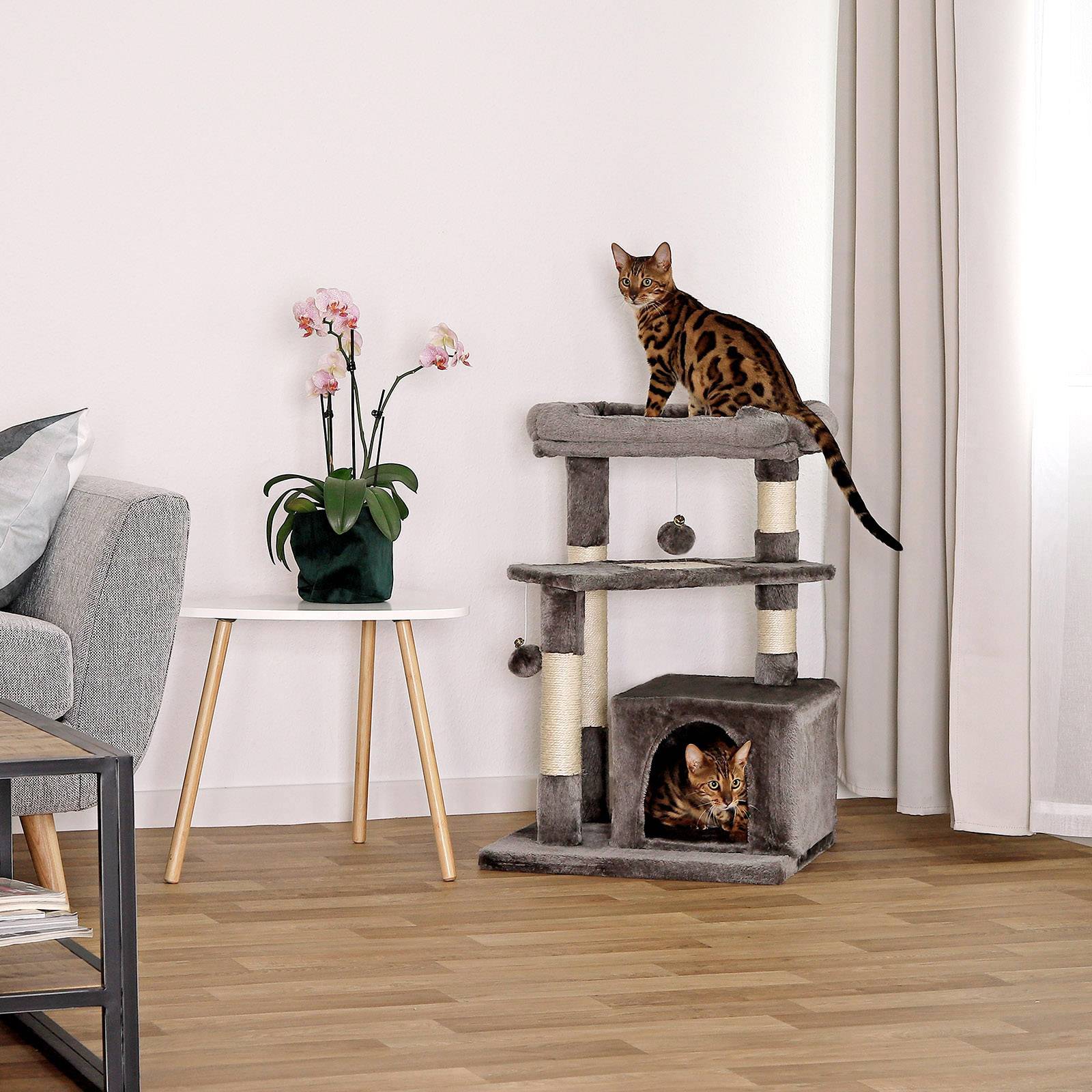 lionto Katzenkratzbaum 75 cm mit Höhle, Liegebett & Sisalfläche, kompakt & stabil, ideal für Spiel, Ruhe & Krallenpflege, dunkelgrau