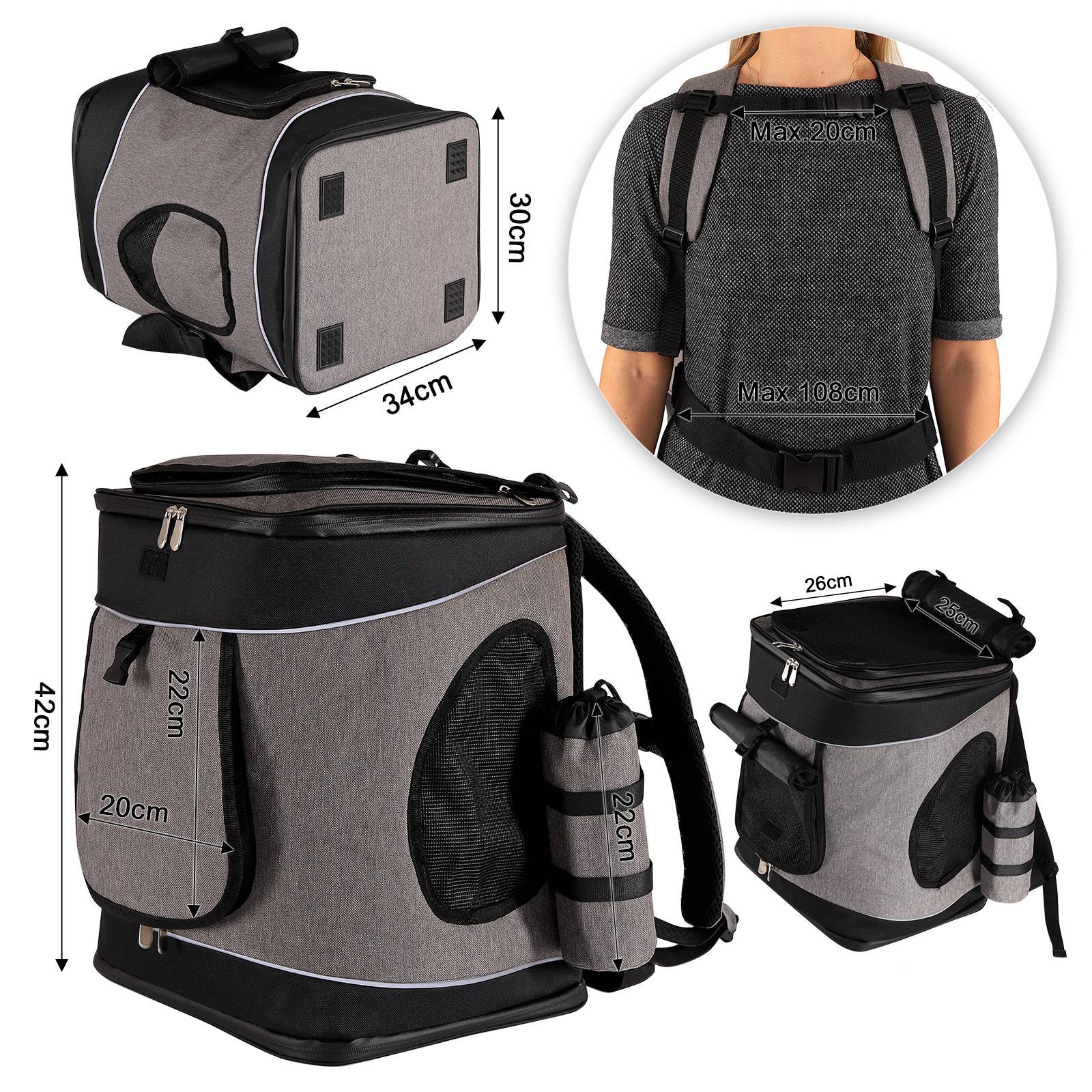 lionto Haustier-Rucksack, atmungsaktiver Hunderucksack mit Karabiner, Regenschutz & herausnehmbarer Unterlage, grau/schwarz