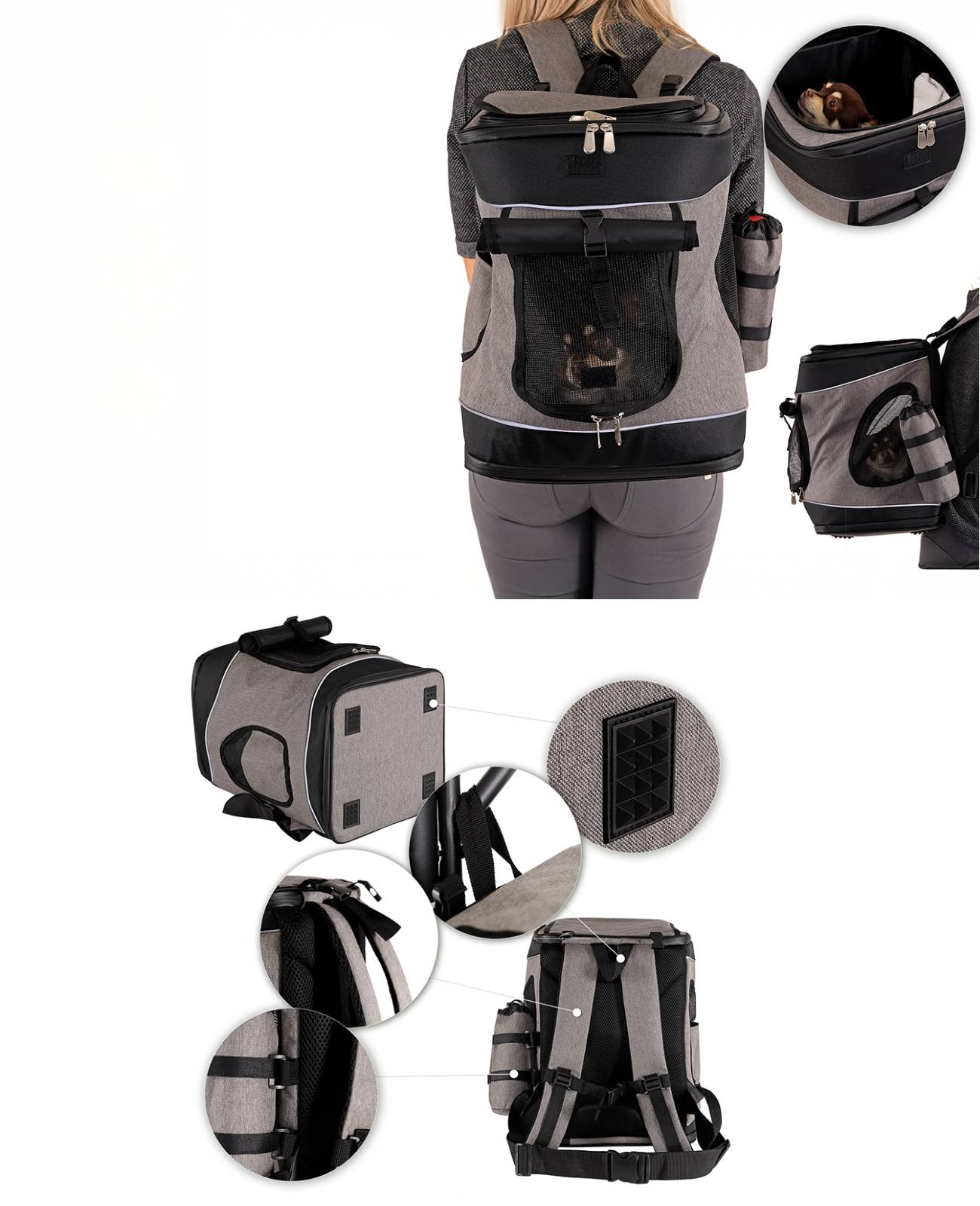 lionto Haustier-Rucksack, atmungsaktiver Hunderucksack mit Karabiner, Regenschutz & herausnehmbarer Unterlage, grau/schwarz