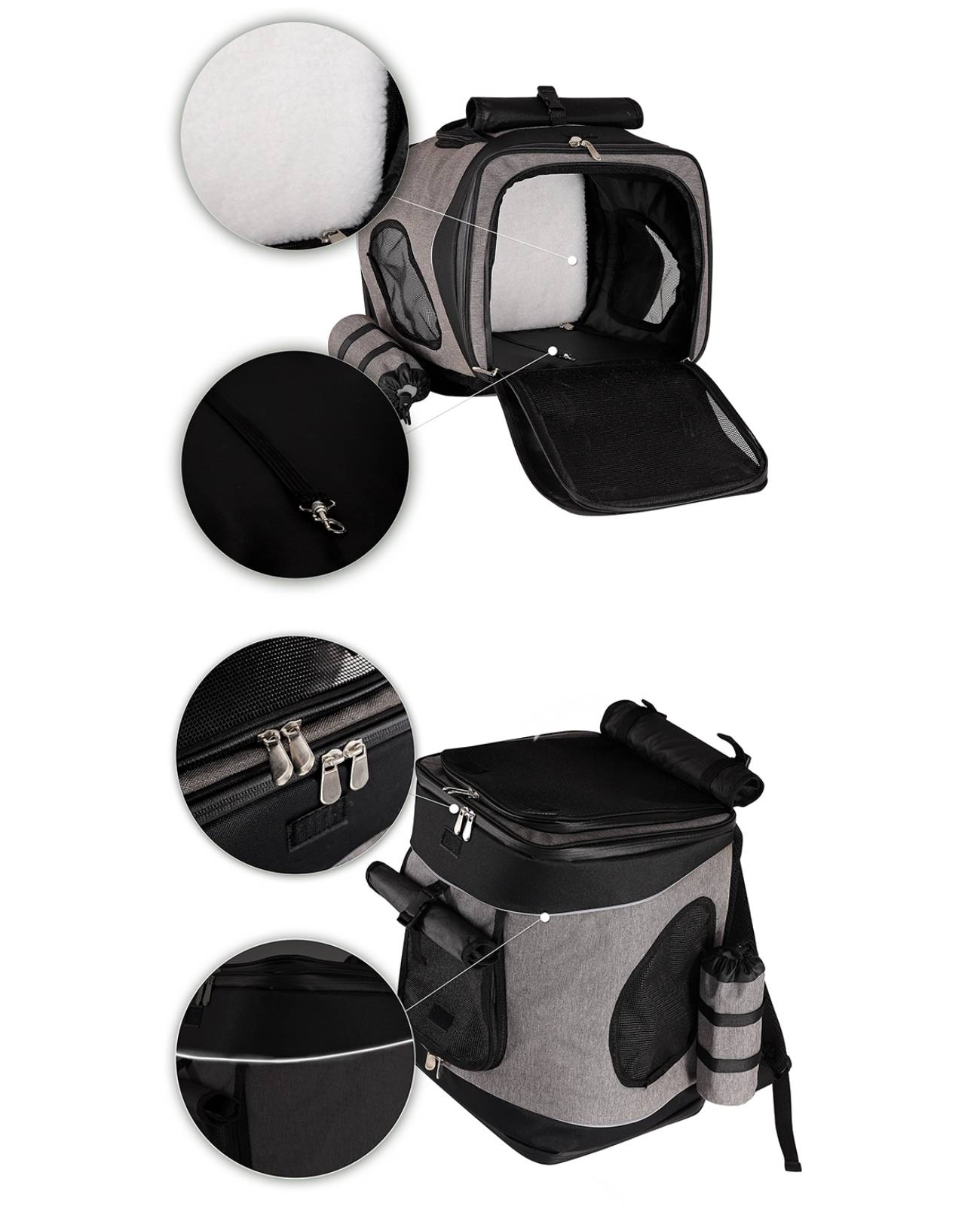 lionto Katzen-Rucksack, komfortabler & wetterfester Haustierrucksack mit Belüftung, Karabinerhaken & Reflektoren, grau/schwarz