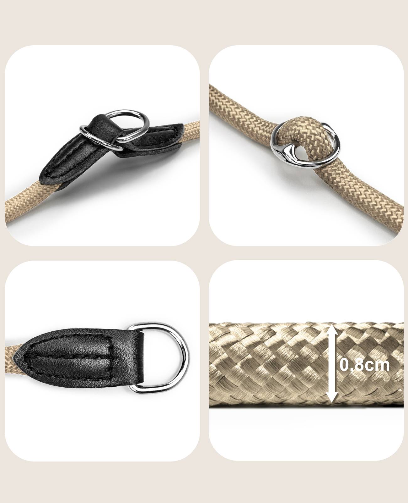 lionto Zugstopp-Halsband, verstellbar & leicht, Retrieverhalsband aus Nylon mit Stoppring, Länge 35 cm, Durchmesser 0,8 cm, beige