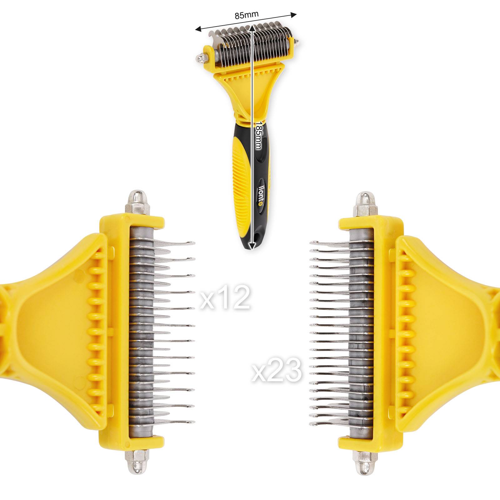 lionto 2-in-1 Entfilzungsbürste, Katzenbürste mit Edelstahlklingen, ergonomischer Griff, sanft & effektiv, gelb/schwarz