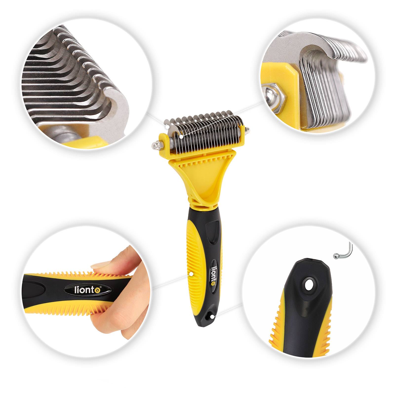 lionto 2-in-1 Entfilzungsbürste, Katzenbürste mit Edelstahlklingen, ergonomischer Griff, sanft & effektiv, gelb/schwarz