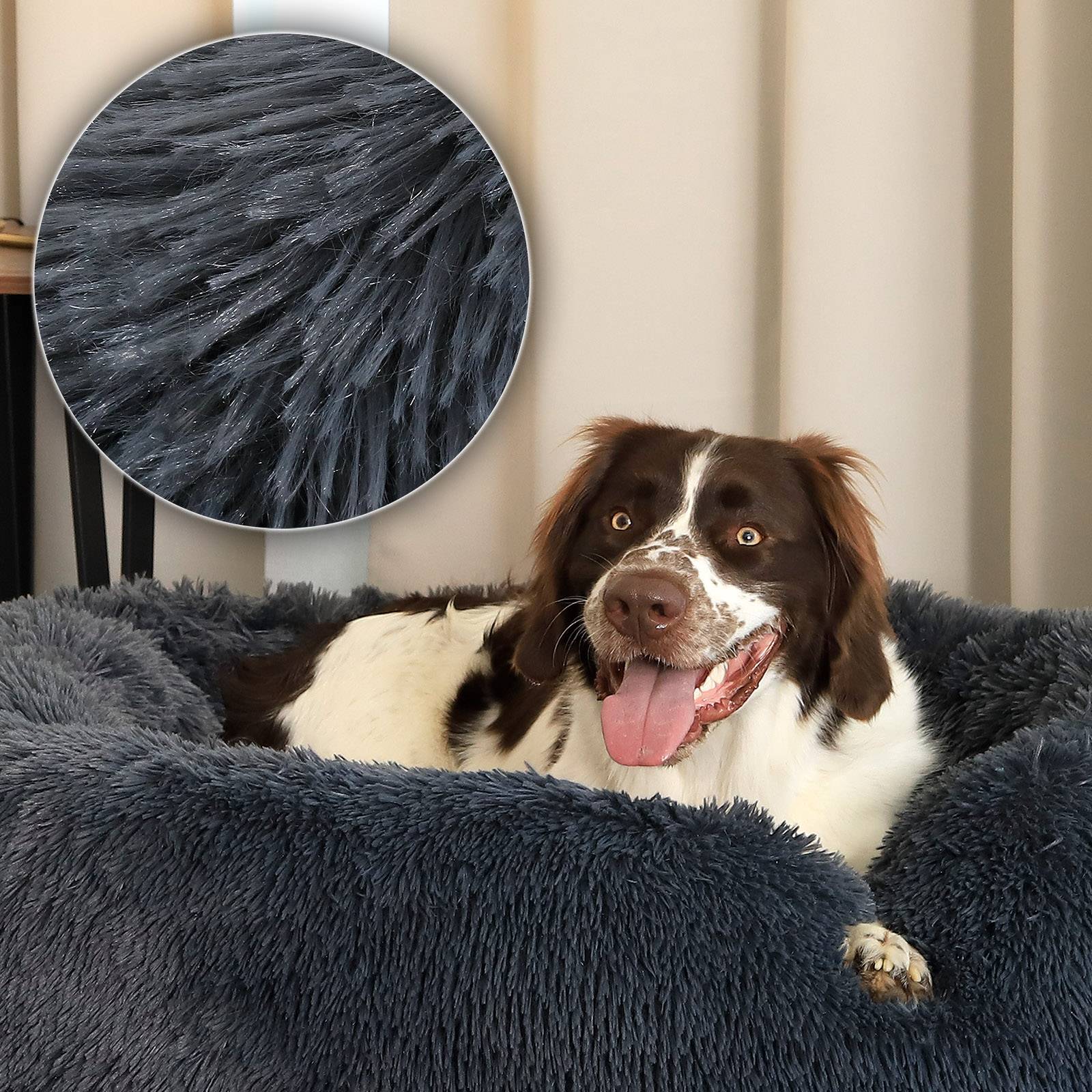 lionto Hundebett aus Plüsch in Donut-Form, 100 cm Durchmesser, dunkelgrau