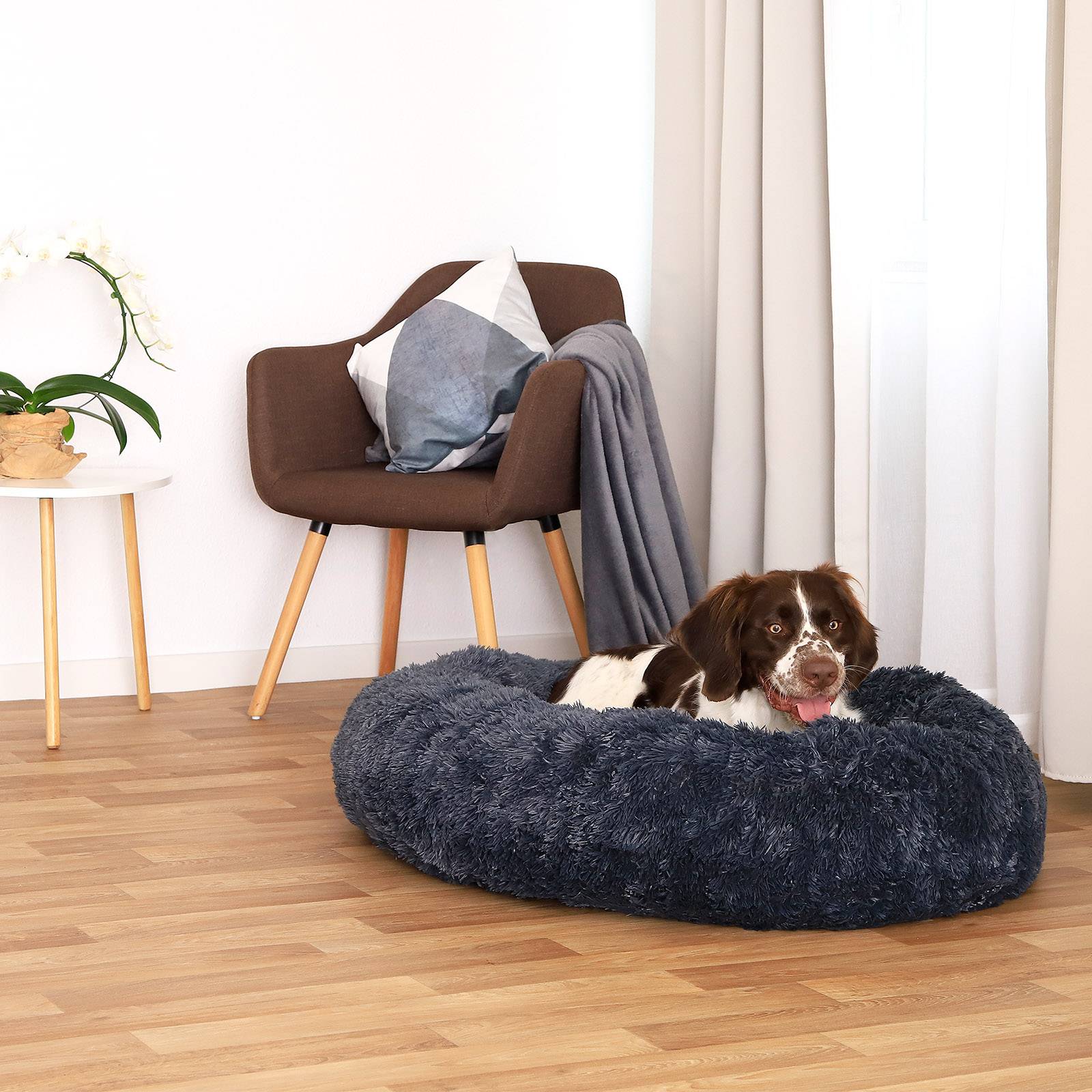 lionto Hundebett aus Plüsch in Donut-Form, 100 cm Durchmesser, dunkelgrau