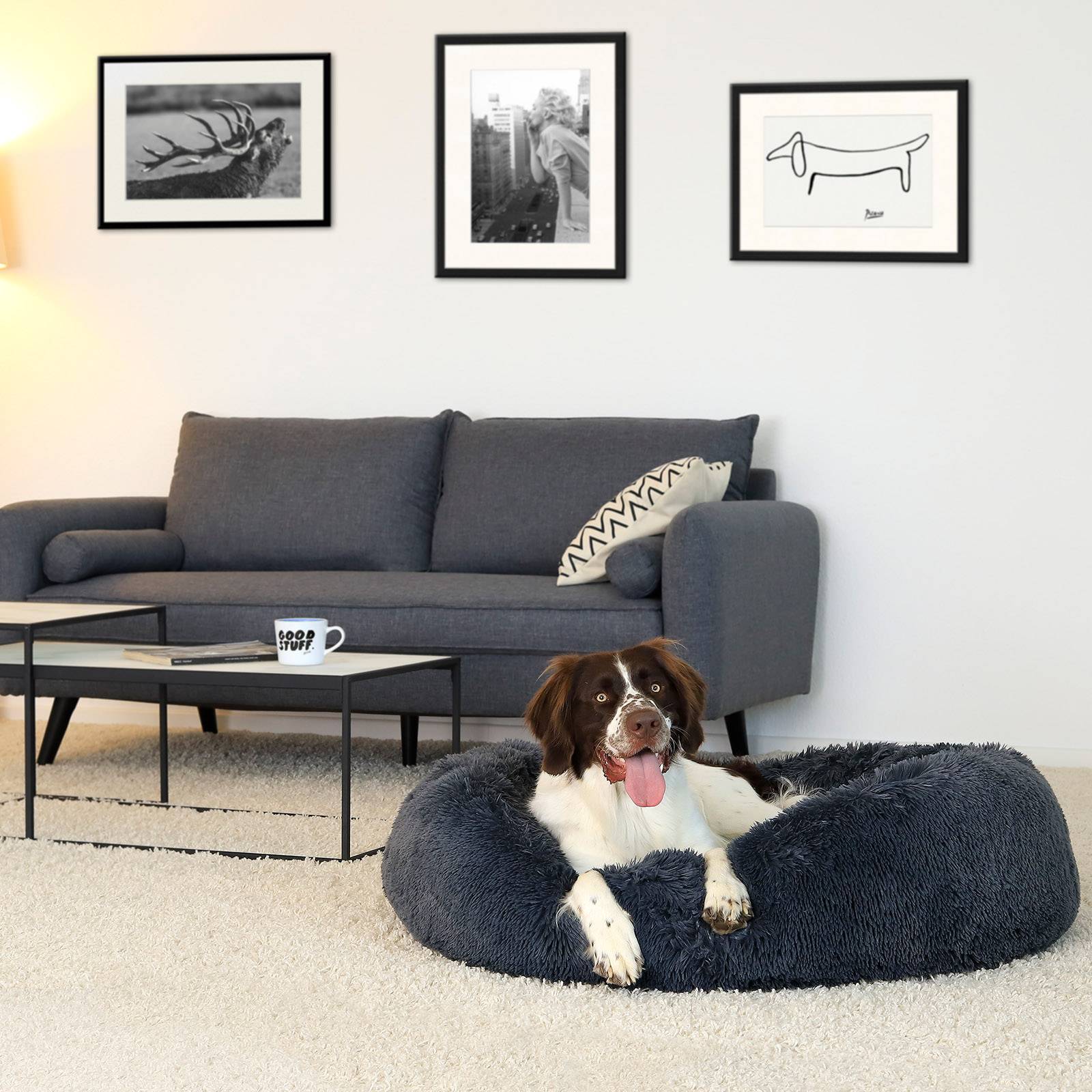 lionto Hundebett aus Plüsch in Donut-Form, 100 cm Durchmesser, dunkelgrau