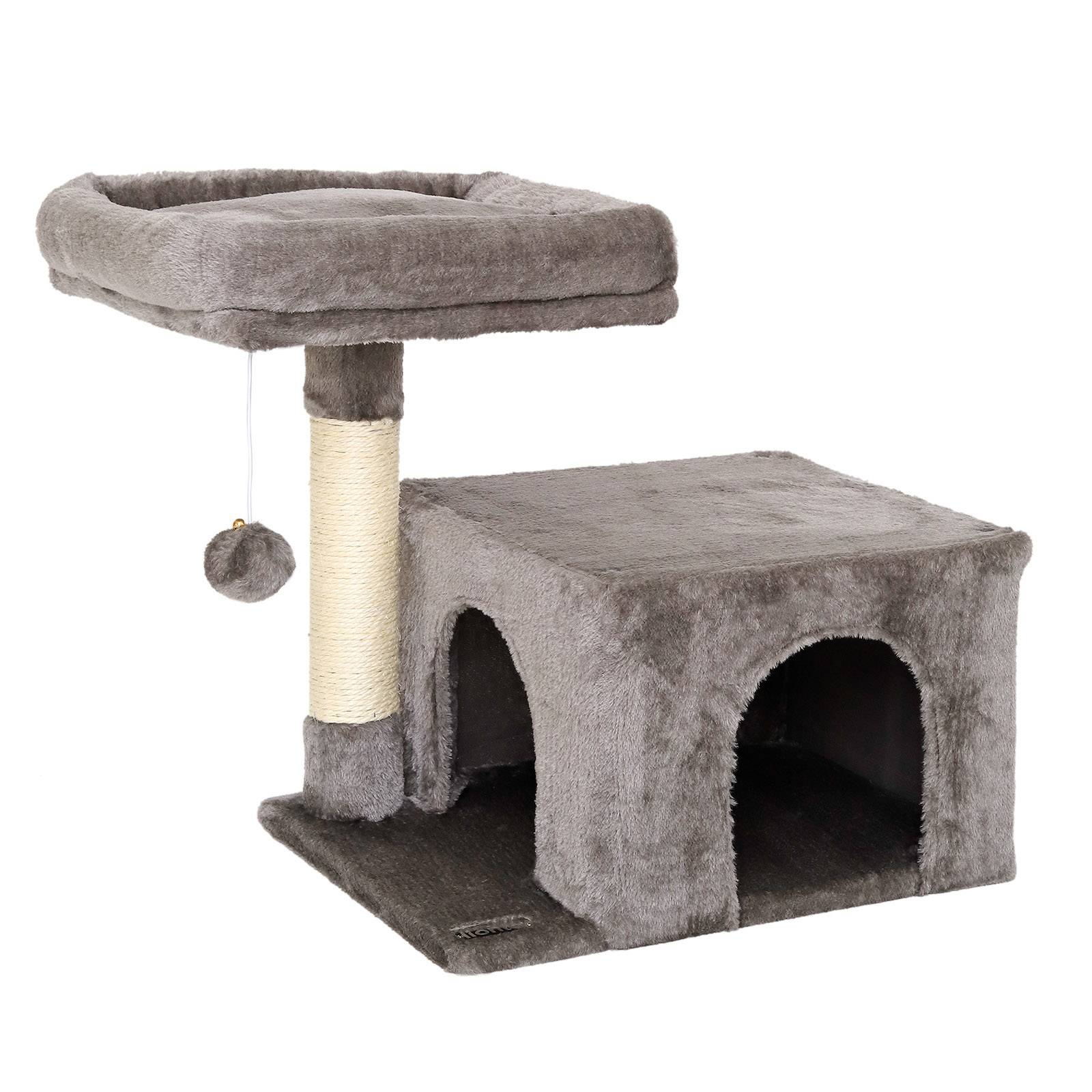 lionto Kratzbaum 50 cm, platzsparender Katzenkratzbaum mit Plüschbezug, Spielball & Sisalstange, für Kitten & Jungtiere, dunkelgrau