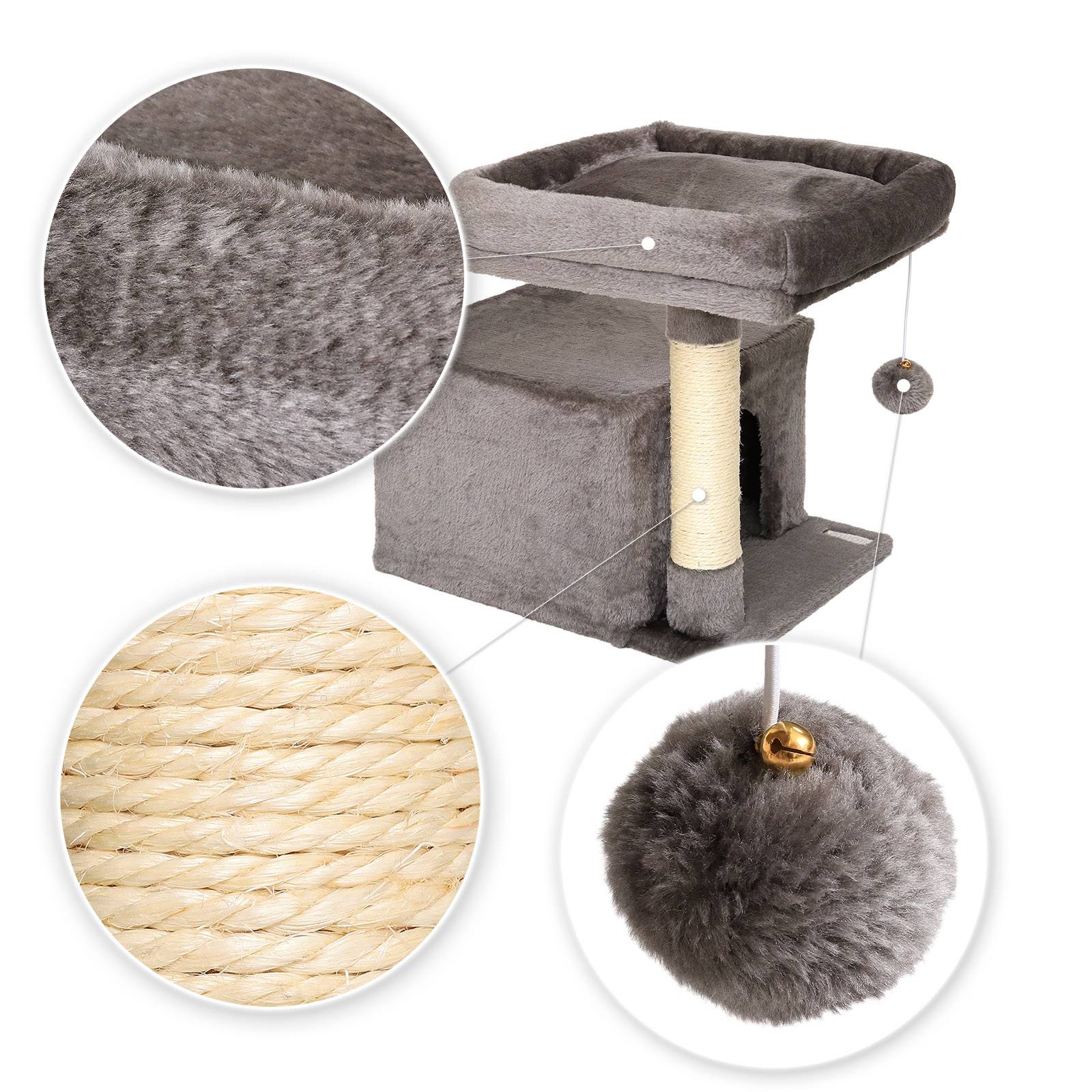 lionto Kratzbaum 50 cm, platzsparender Katzenkratzbaum mit Plüschbezug, Spielball & Sisalstange, für Kitten & Jungtiere, dunkelgrau