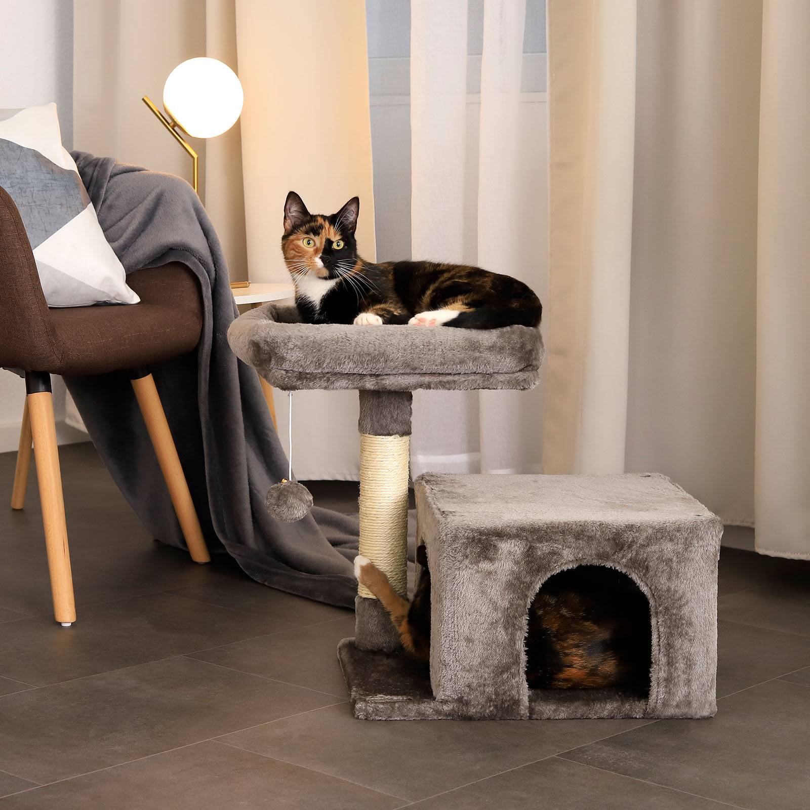 lionto Kratzbaum 50 cm, platzsparender Katzenkratzbaum mit Plüschbezug, Spielball & Sisalstange, für Kitten & Jungtiere, dunkelgrau