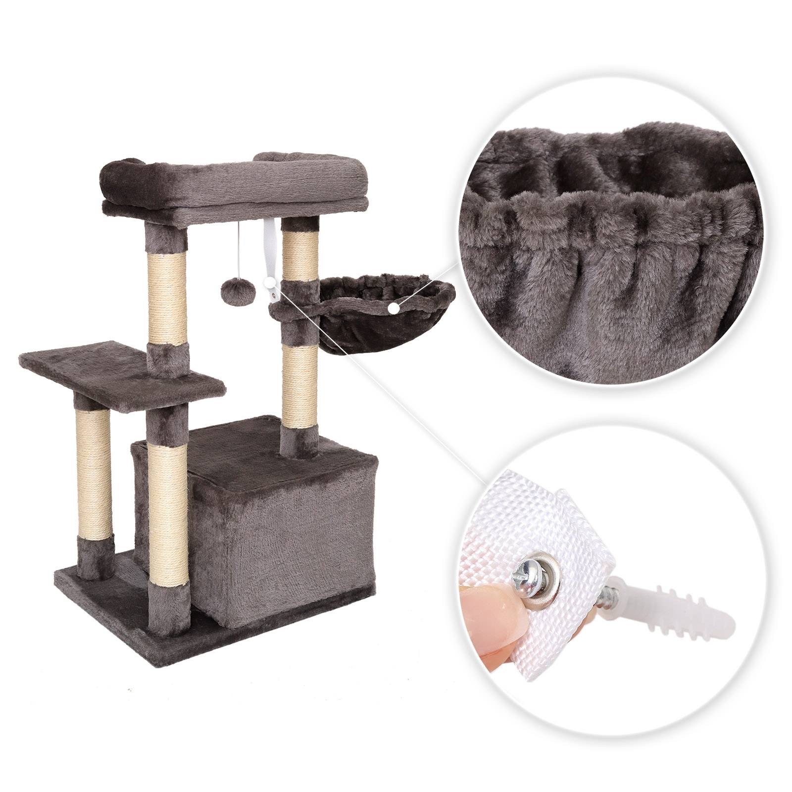 lionto Kompakt-Kratzbaum 85 cm, platzsparender Katzenbaum mit Spielball, Sisalstamm & Kratzfläche, dunkelgrau