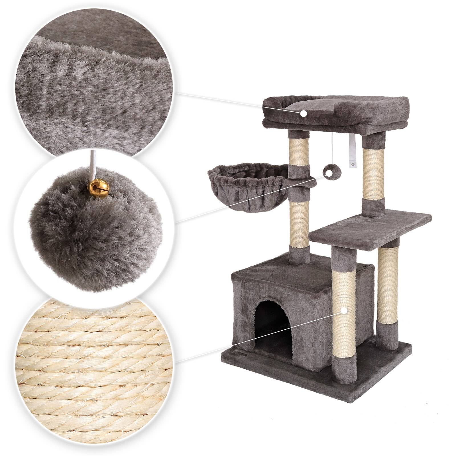 lionto Kompakt-Kratzbaum 85 cm, platzsparender Katzenbaum mit Spielball, Sisalstamm & Kratzfläche, dunkelgrau