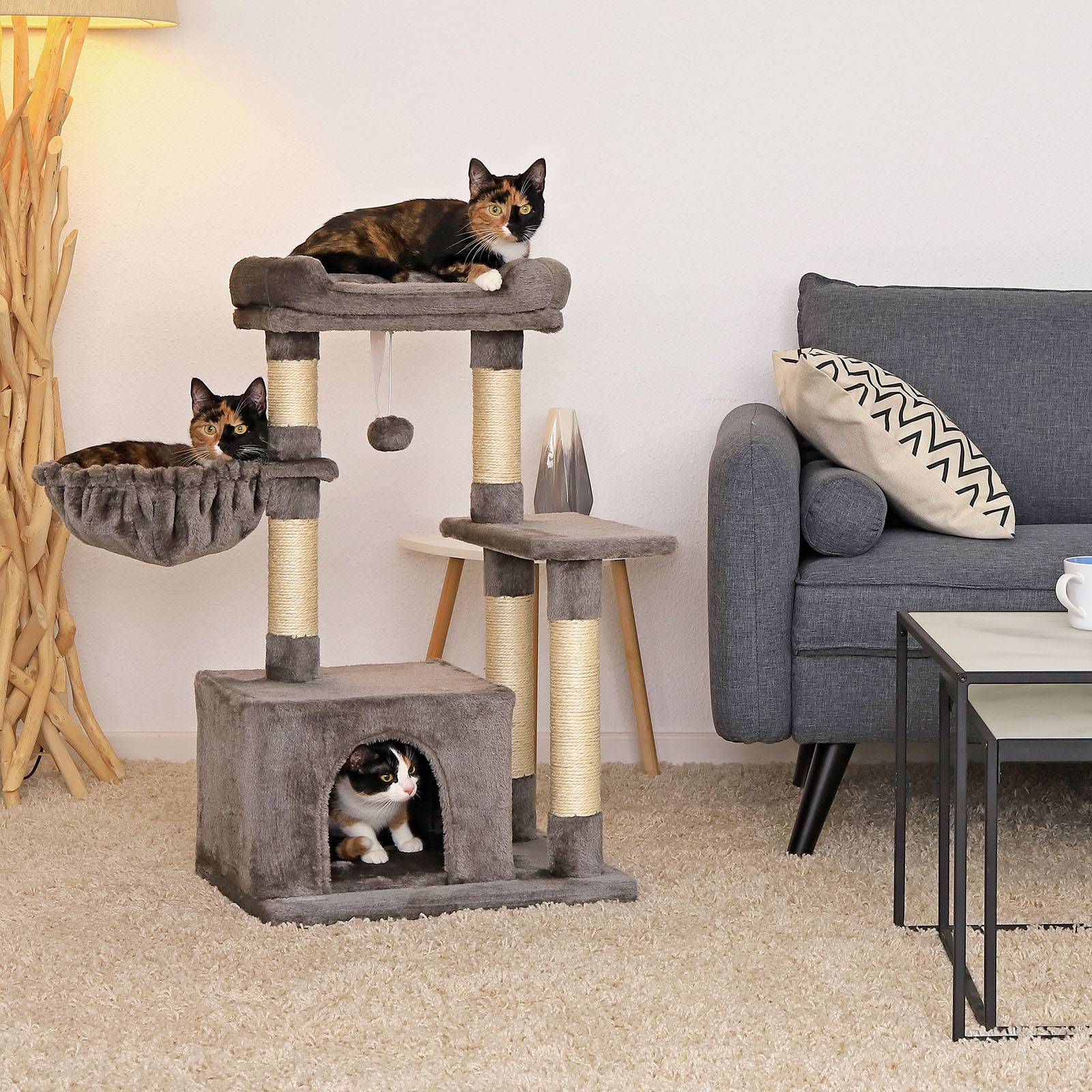 lionto Kompakt-Kratzbaum 85 cm, platzsparender Katzenbaum mit Spielball, Sisalstamm & Kratzfläche, dunkelgrau