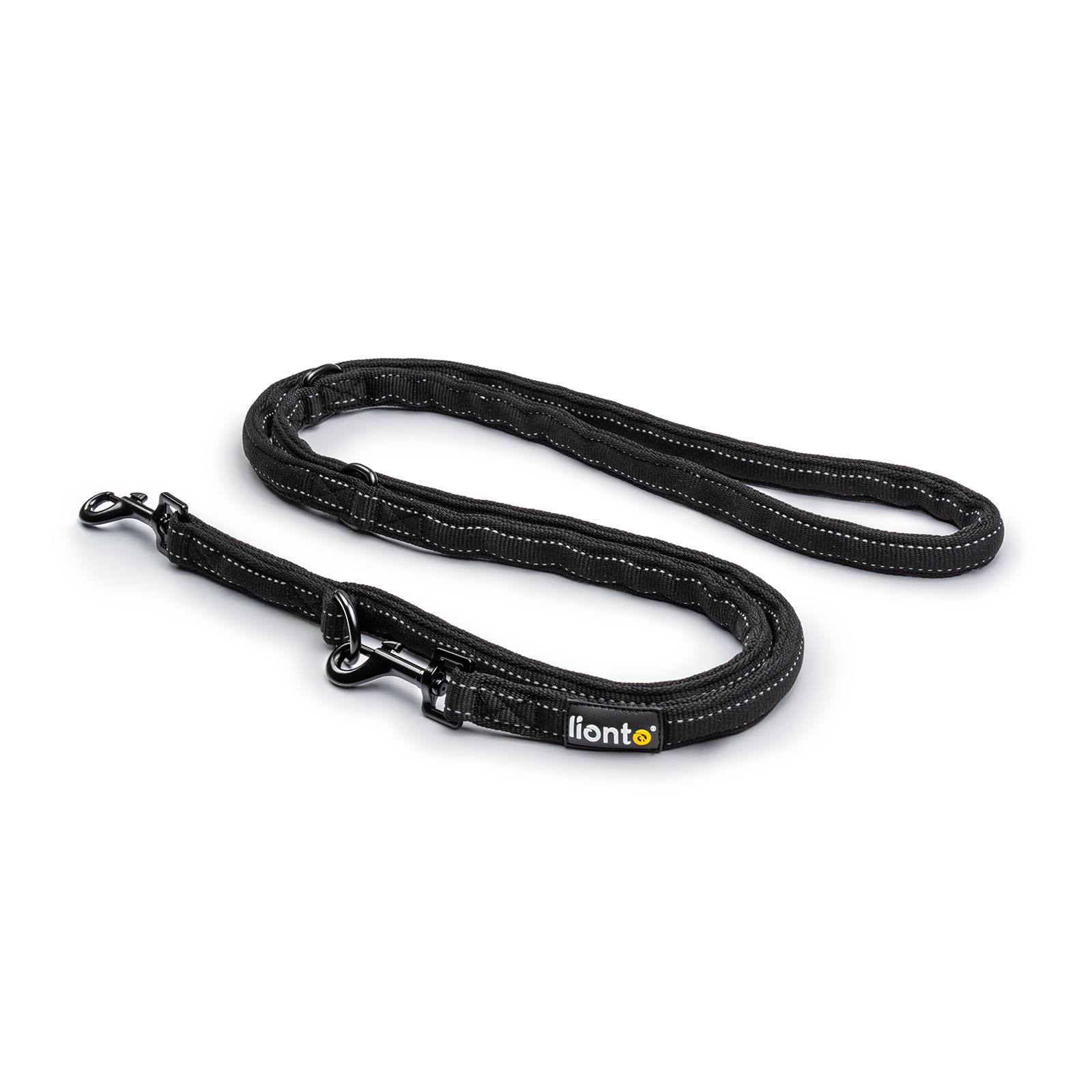 lionto Hundeleine, 3-fach verstellbare Multifunktionsleine aus Nylon, reflektierend 200 cm, mit 2 Edelstahlkarabinern, schwarz