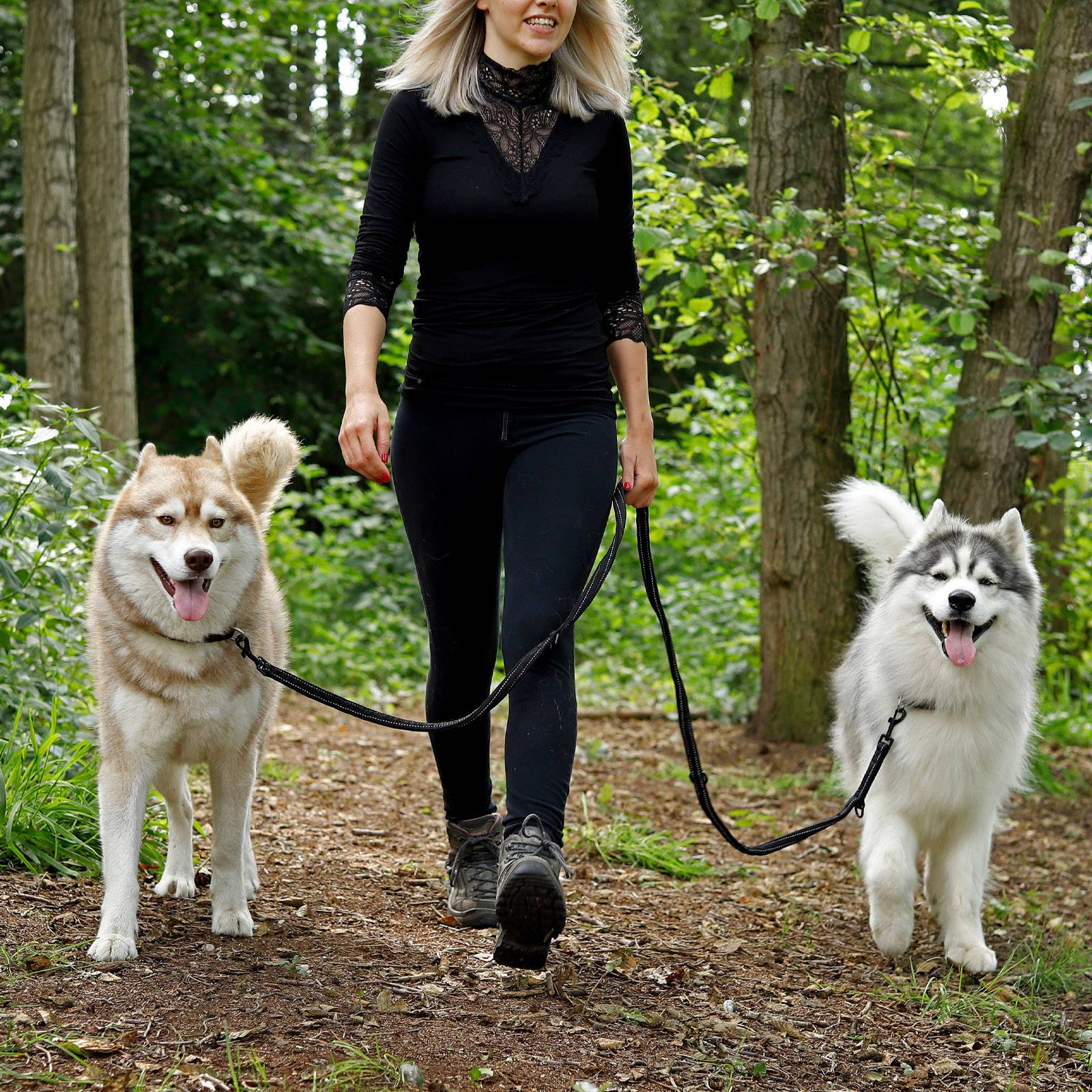 lionto Hundeleine, 3-fach verstellbare Multifunktionsleine aus Nylon, reflektierend 200 cm, mit 2 Edelstahlkarabinern, schwarz