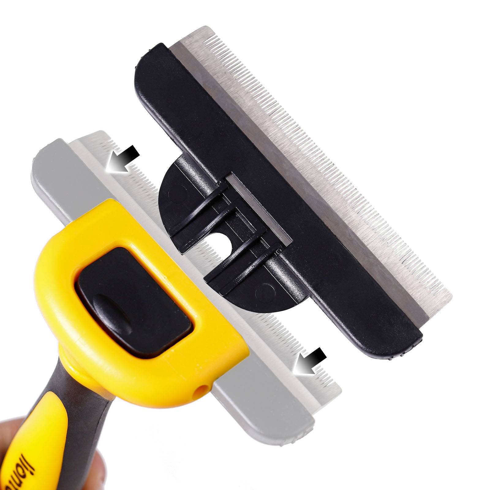 lionto Hundebürste, Edelstahl-Fellpflegebürste 10 cm, entfernt lose Haare & Unterwolle schonend, Anti-Rutsch-Griff, gelb/schwarz