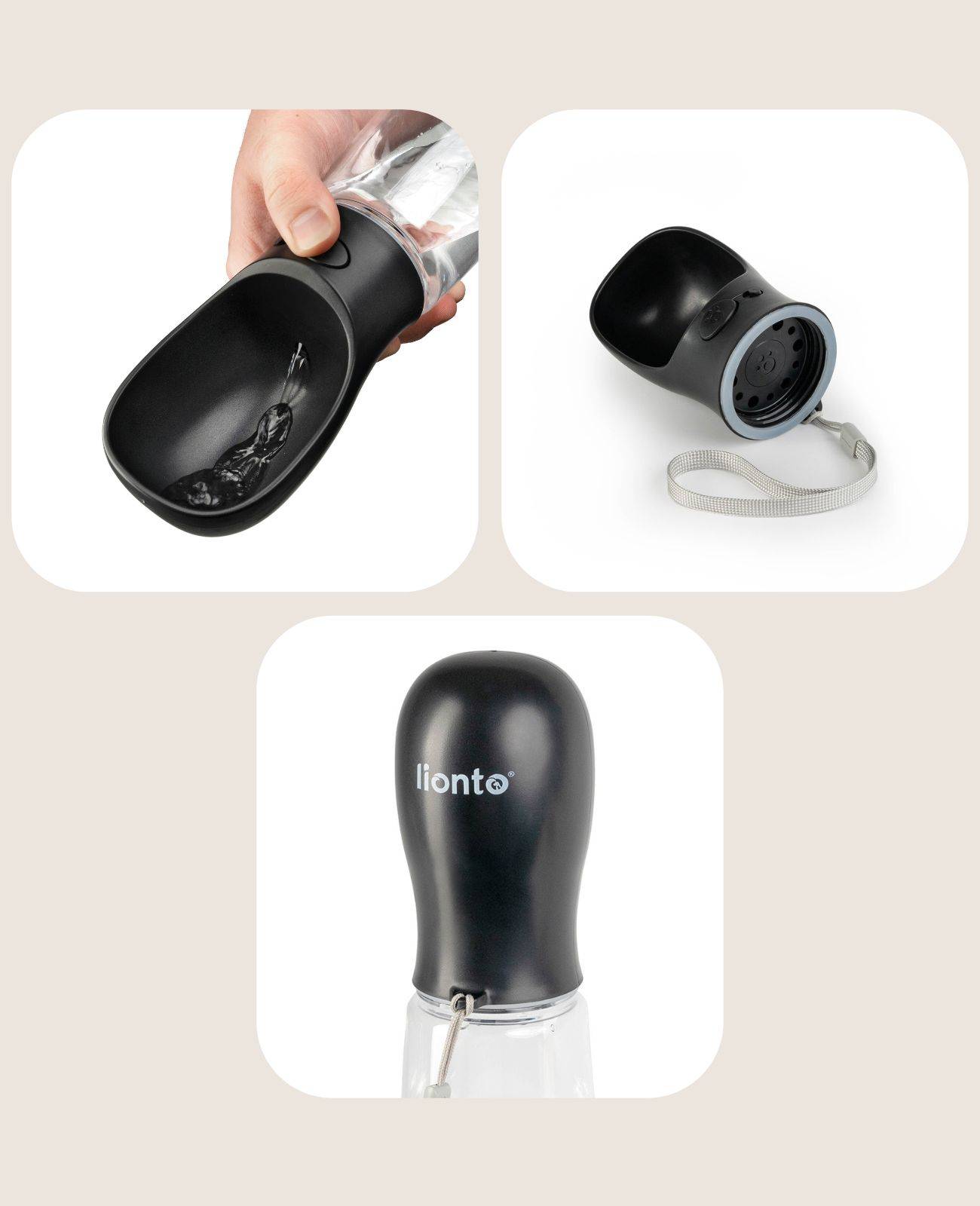 lionto Wasserspender, Trinkflasche für Hunde auf Spaziergängen & Reisen, auslaufsicher, leicht & hygienisch, 500ml, schwarz
