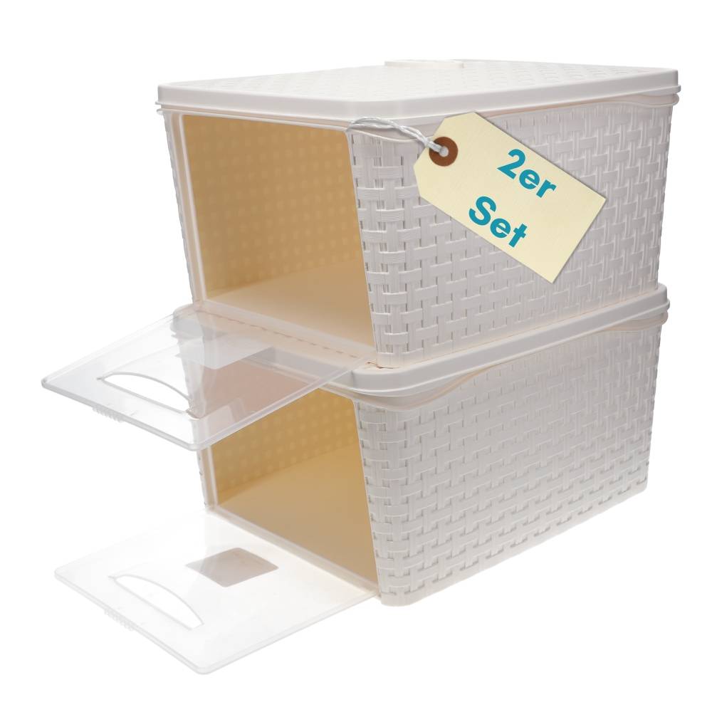 2er Set Aufbewahrungsbox mit Deckel Weiß Frontöffnung Schrank Organizer Stapelbox Kleiderschrank Korb mit Deckel Aufbewahrung Badezimmer Rattan Opti