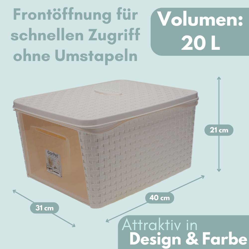 2er Set Aufbewahrungsbox mit Deckel Weiß Frontöffnung Schrank Organizer Stapelbox Kleiderschrank Korb mit Deckel Aufbewahrung Badezimmer Rattan Opti