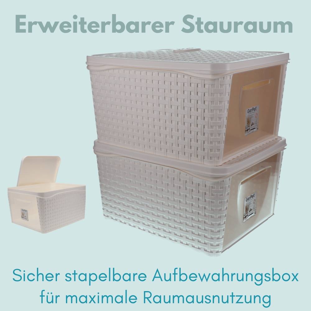 2er Set Aufbewahrungsbox mit Deckel Weiß Frontöffnung Schrank Organizer Stapelbox Kleiderschrank Korb mit Deckel Aufbewahrung Badezimmer Rattan Opti