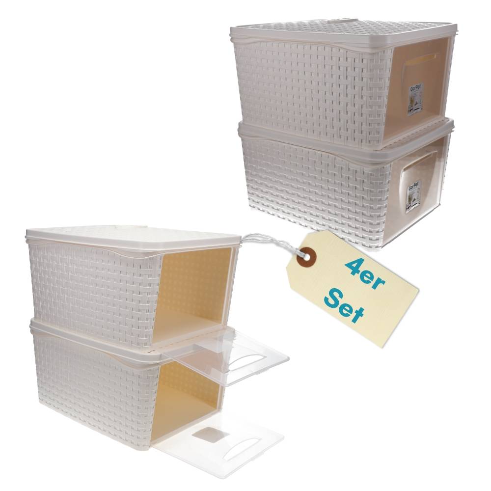 4er Set Aufbewahrungsbox mit Deckel Weiß Frontöffnung Schrank Organizer Stapelbox Kleiderschrank Korb mit Deckel Aufbewahrung Badezimmer Rattan Opti