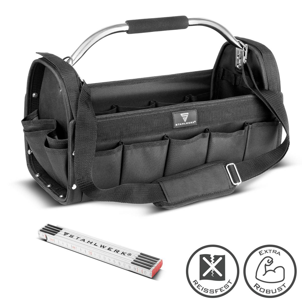 STAHLWERK Werkzeugtasche mit 18 Außentaschen 10 Innentaschen Installateur Tasche