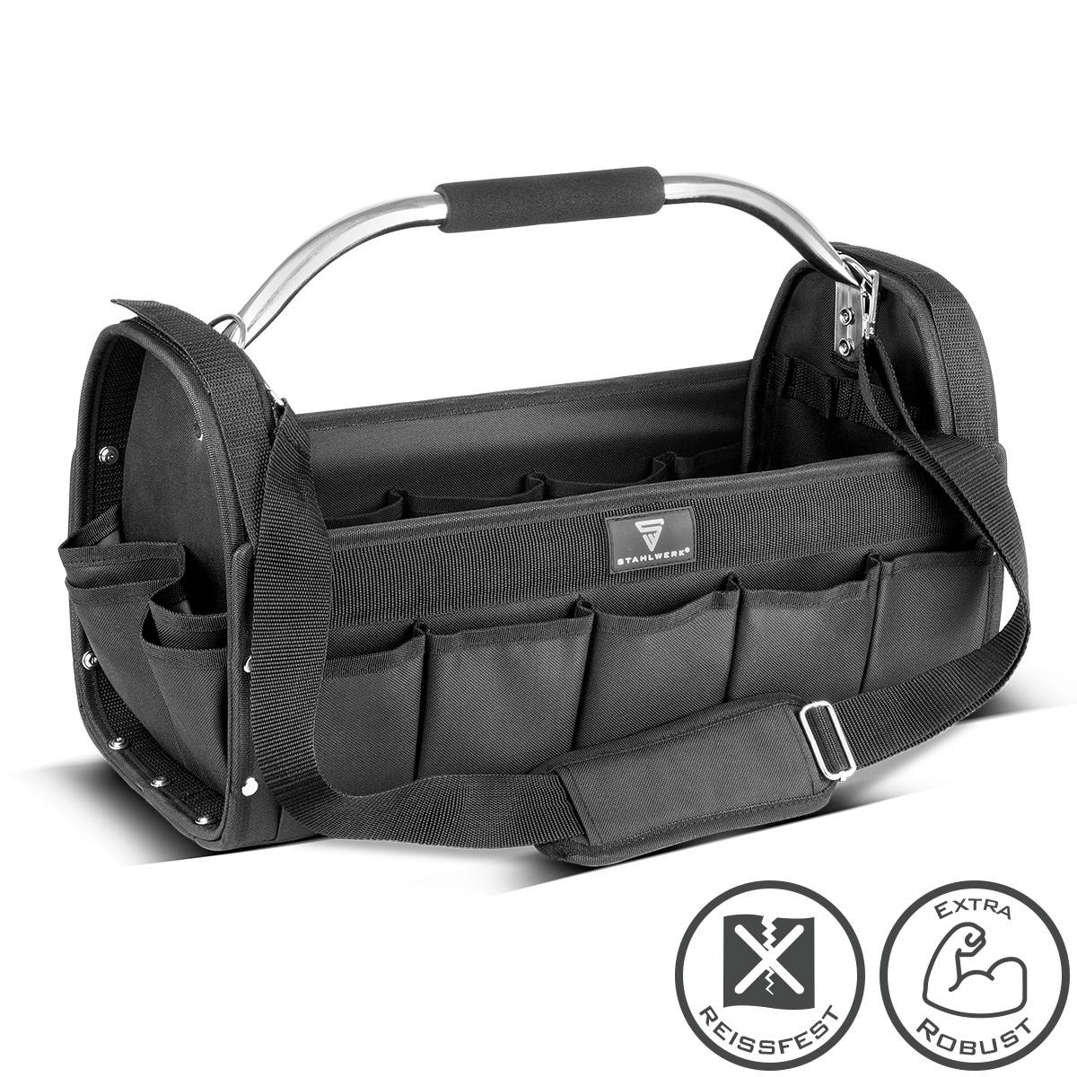 STAHLWERK Werkzeugtasche mit 18 Außentaschen 10 Innentaschen Installateur Tasche