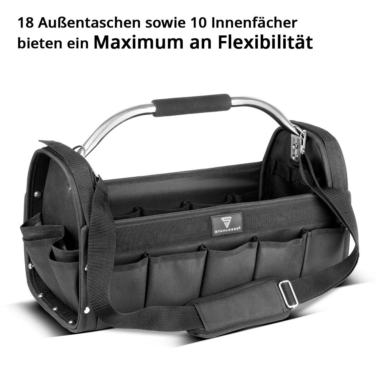 STAHLWERK Werkzeugtasche mit 18 Außentaschen 10 Innentaschen Installateur Tasche