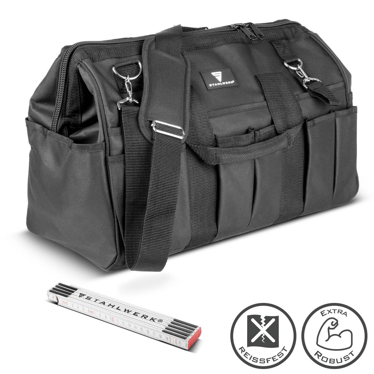 STAHLWERK Werkzeugtasche stabile XL-Montagetasche Elektrikertasche 21 Fächer