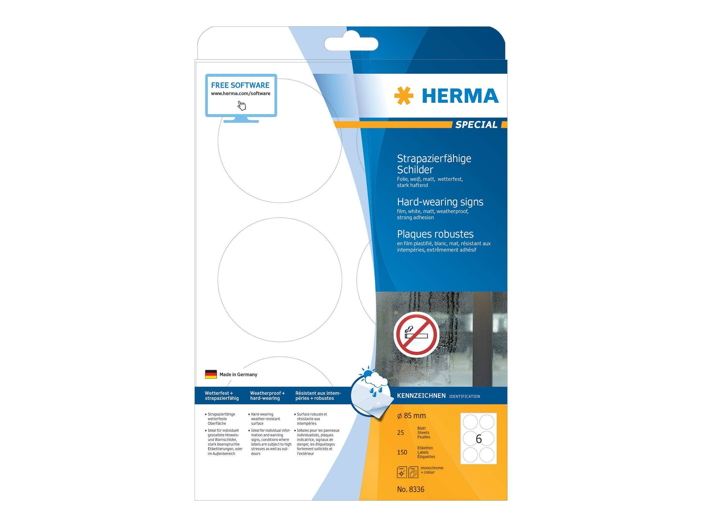 HERMA Schilder strapaz. A4 85 mm rund weiß Folie 150 St. Multimedia-Technik PapierBüroSchreibwar