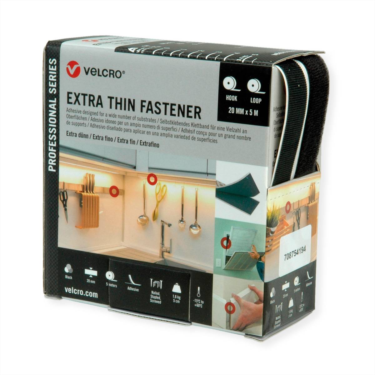 VELCROÂ® Extra Thin Fastener 5m Hakenband 5m Flauschband, Haken &amp, Flausch 20mm schwarz /