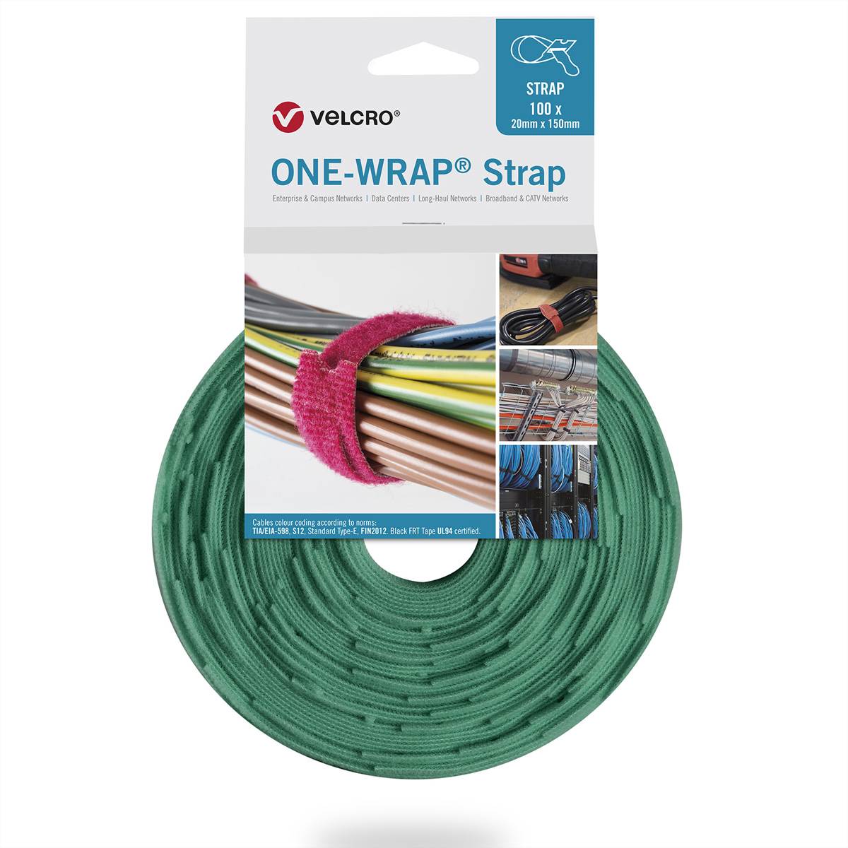 VELCROÂ® One WrapÂ® Strap 20mm x 150mm, 100 Stück, grün Klettbänder / Kabelbinder Klettband