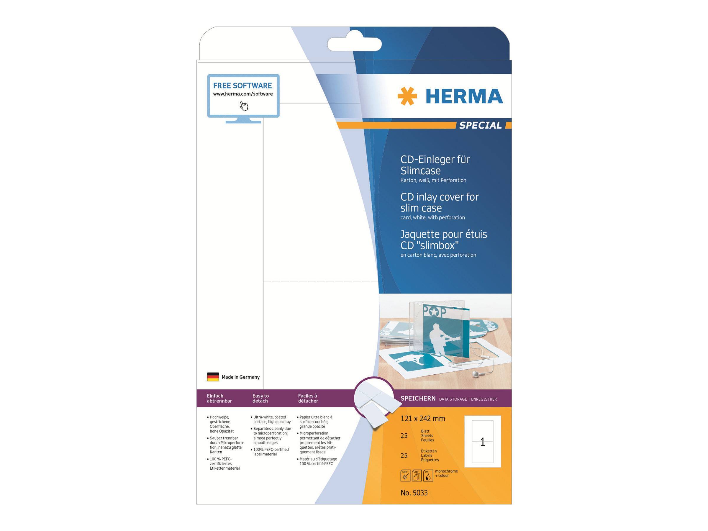 HERMA CD-Einleger A4 weiß 121x242 mm nicht klebend 25 St. Multimedia-Technik PapierBüroSchreibwar