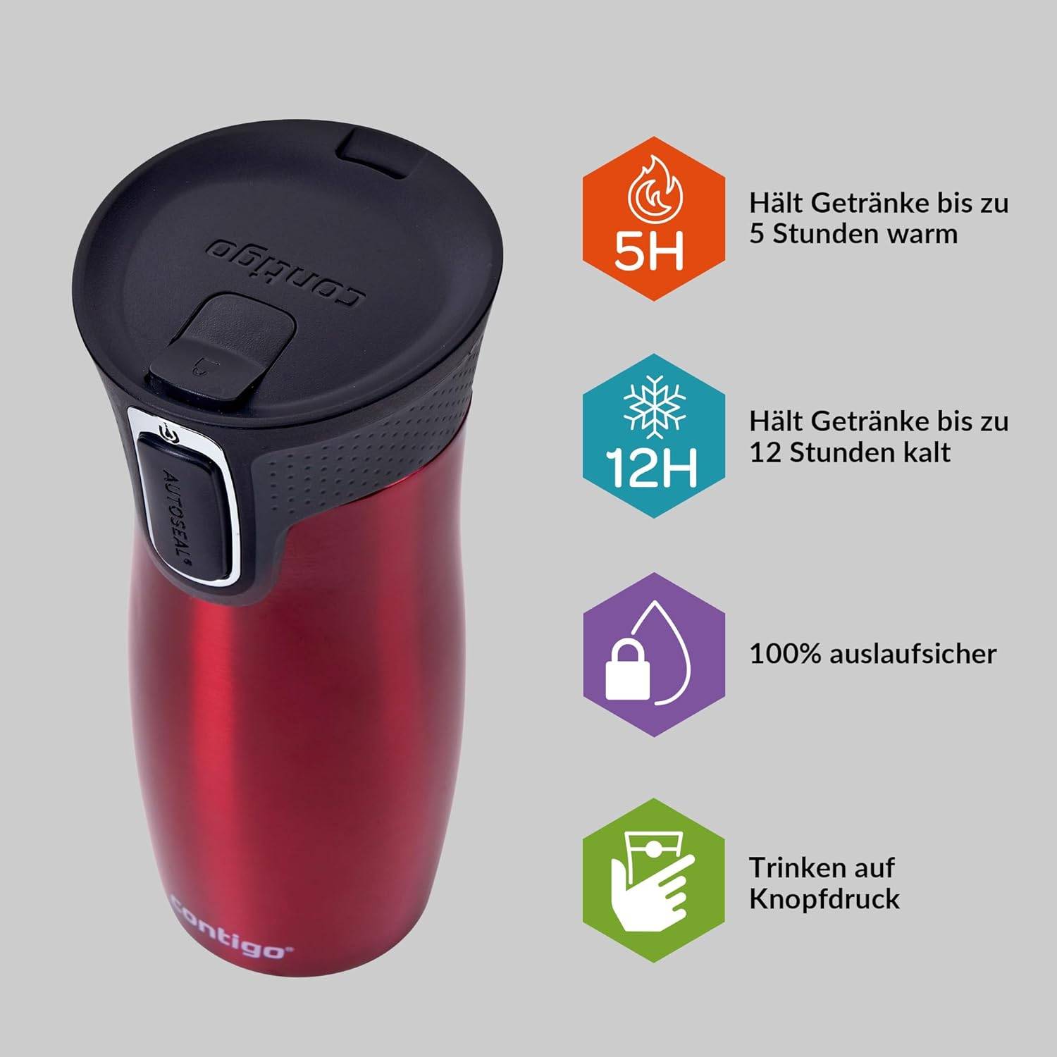 Contigo Thermobecher West Loop Autoseal Edelstahl Isolierbecher 470 ml Farbe Red